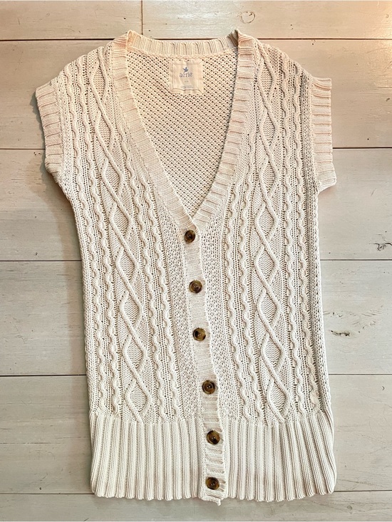 aerie Sweaters - Aerie Cream Cable-Knit Button Front Short Sleeve Sweater Sz M 100% Cotton